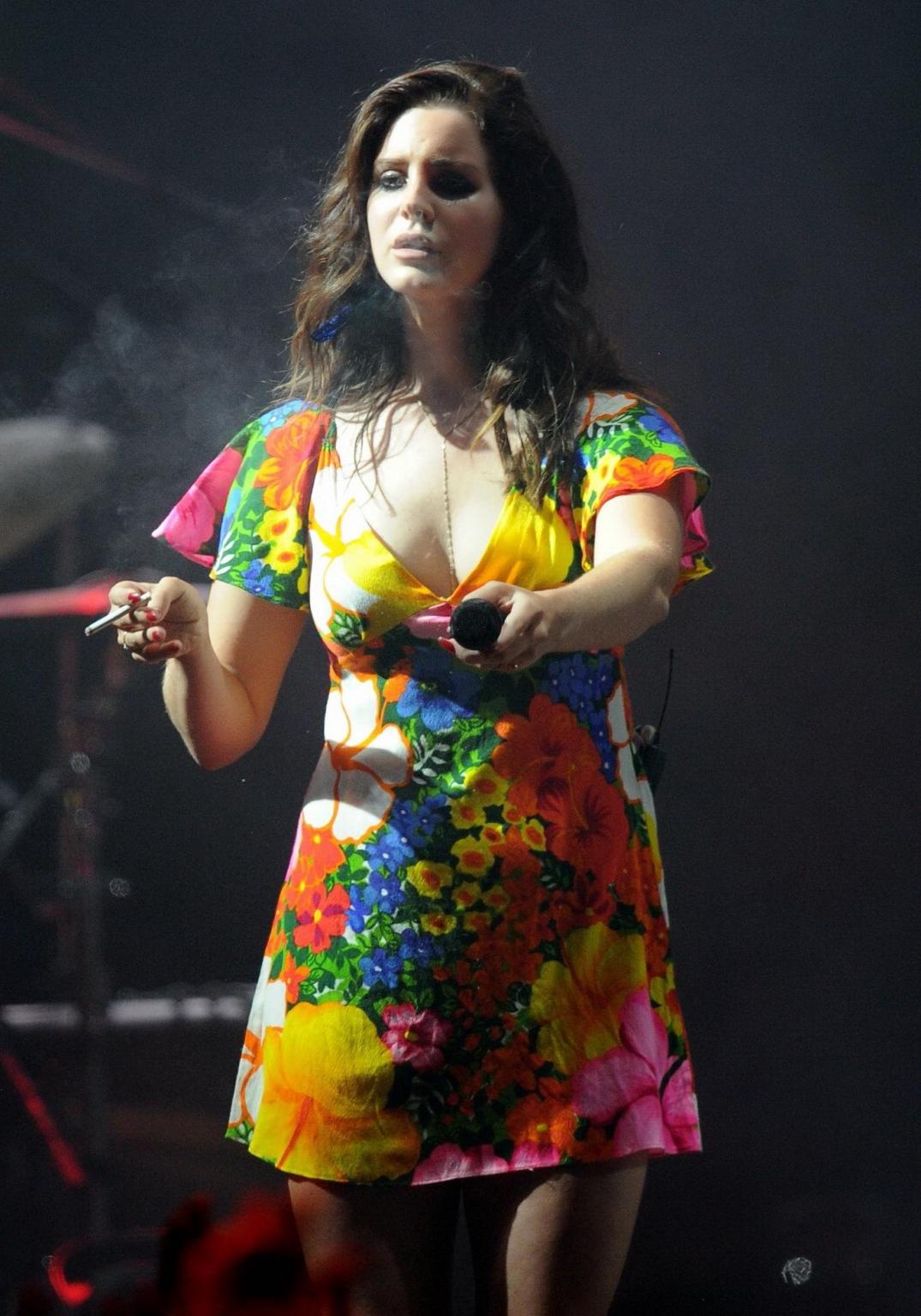 16P Lana Del Rey bra peek  upskirt while performing in summer mini dress at the 2014