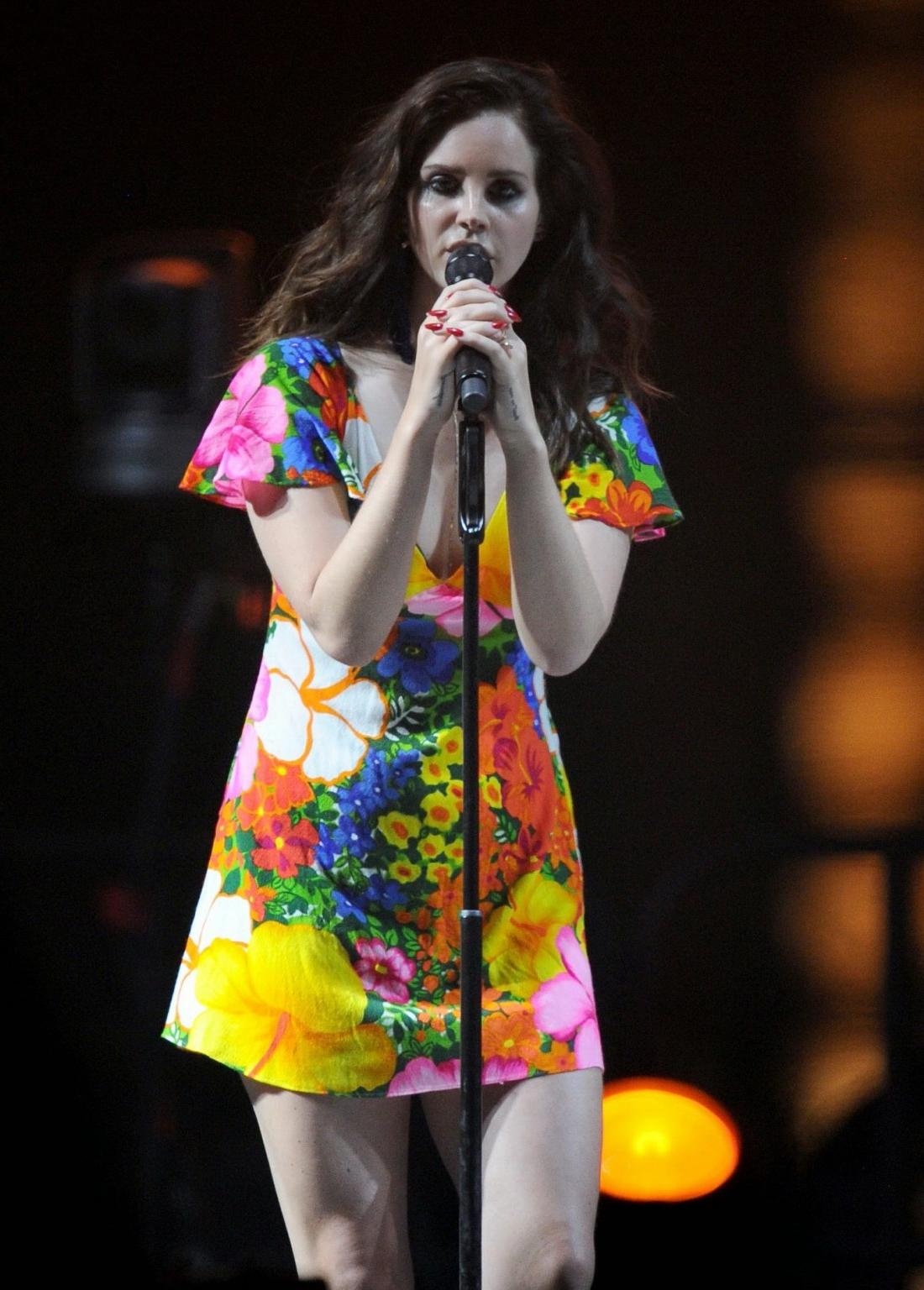 16P Lana Del Rey bra peek  upskirt while performing in summer mini dress at the 2014