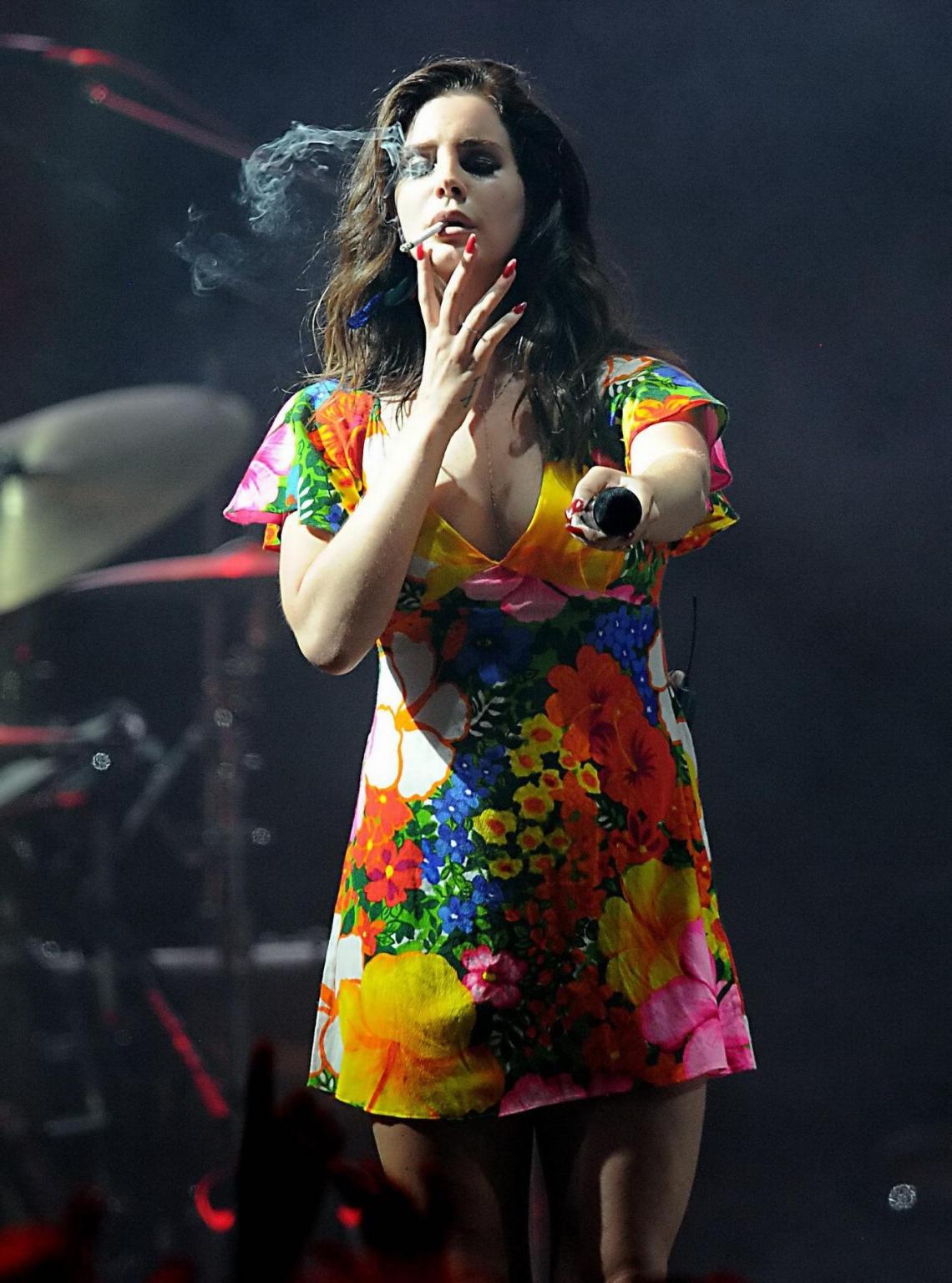 16P Lana Del Rey bra peek  upskirt while performing in summer mini dress at the 2014