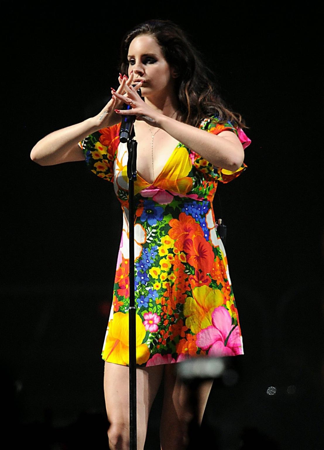 16P Lana Del Rey bra peek  upskirt while performing in summer mini dress at the 2014