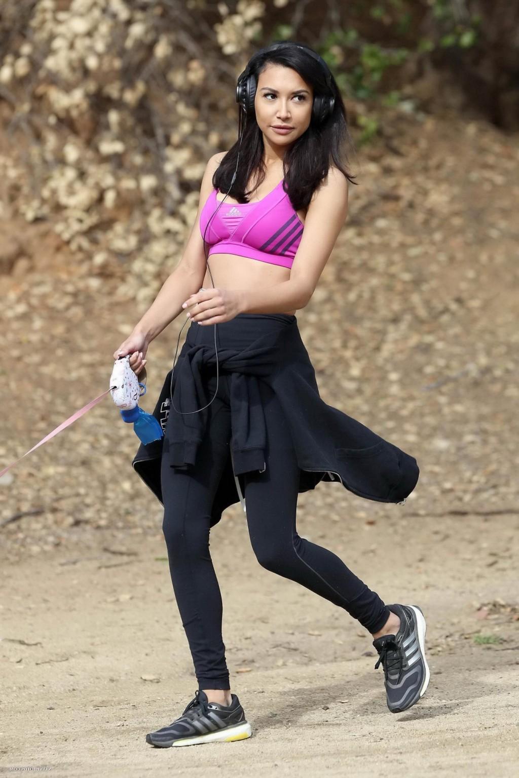 16P Naya Rivera wearing sports bra and tights while walking her dog at Griffith Park