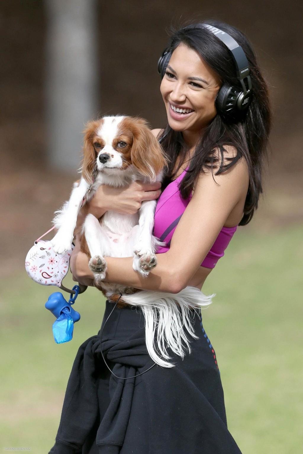 16P Naya Rivera wearing sports bra and tights while walking her dog at Griffith Park