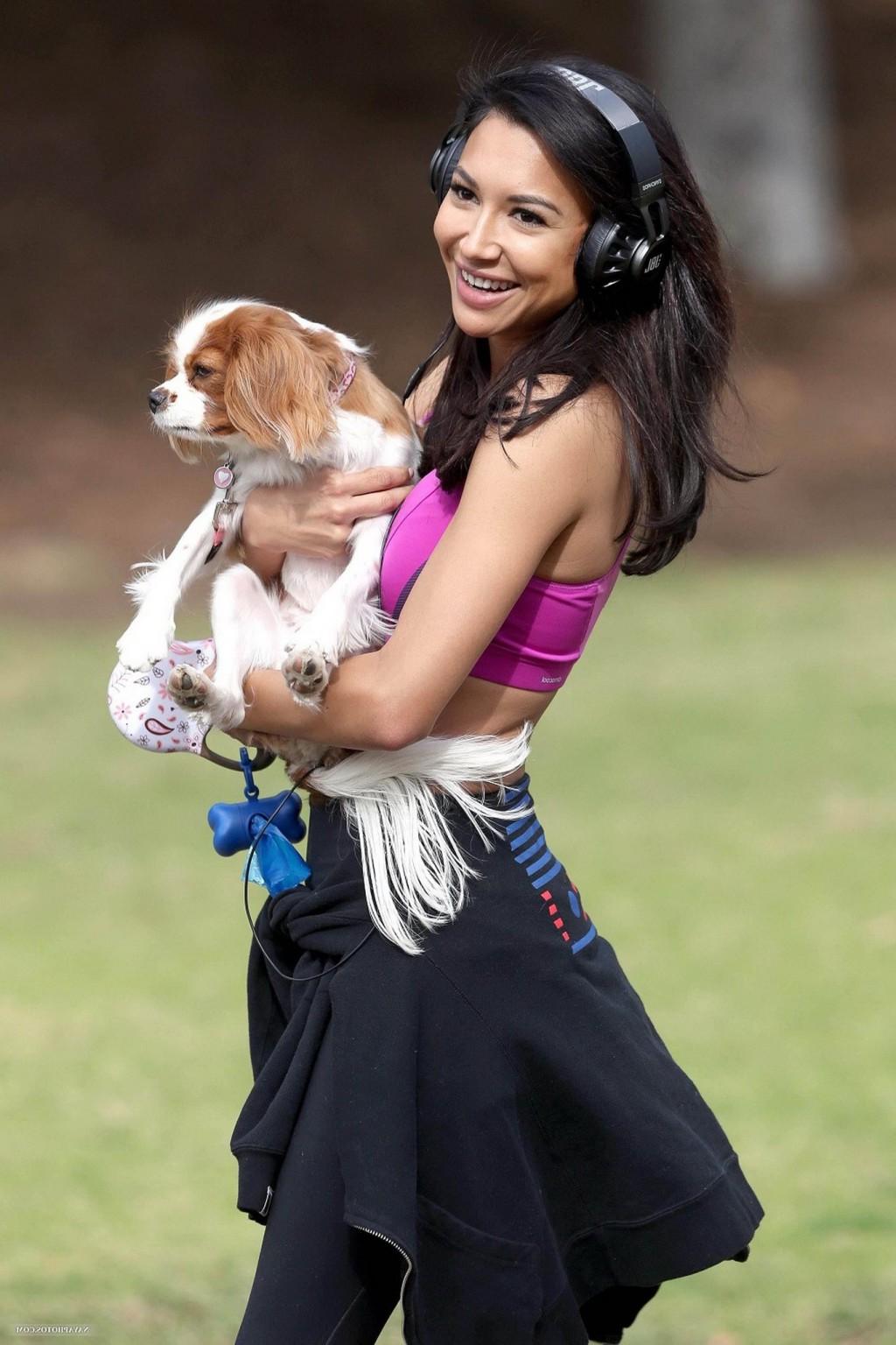16P Naya Rivera wearing sports bra and tights while walking her dog at Griffith Park