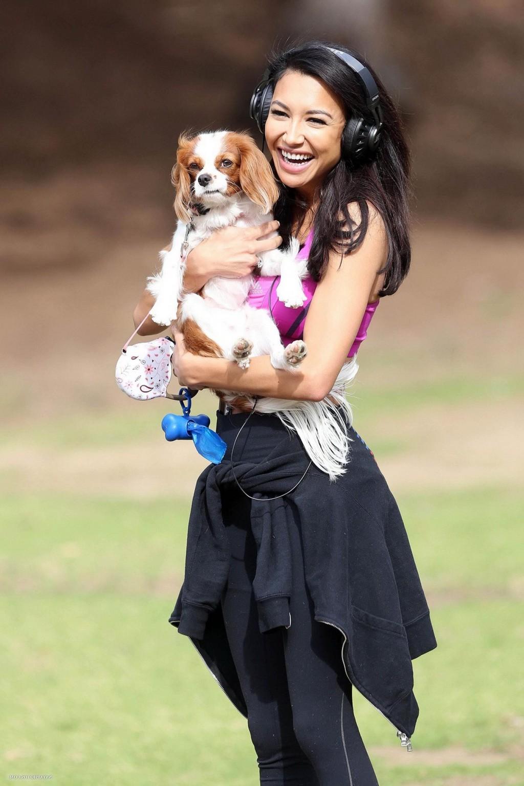 16P Naya Rivera wearing sports bra and tights while walking her dog at Griffith Park