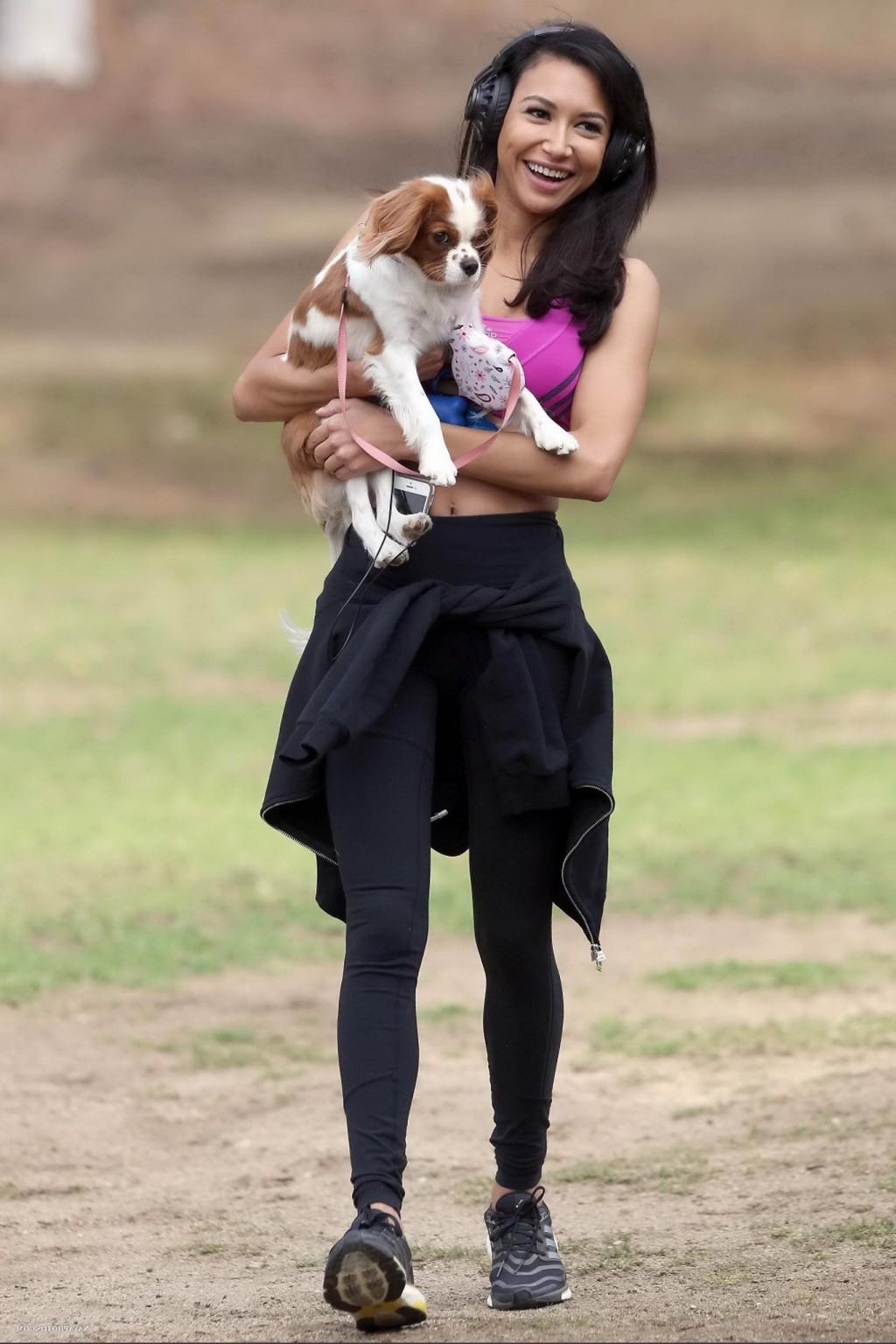 16P Naya Rivera wearing sports bra and tights while walking her dog at Griffith Park