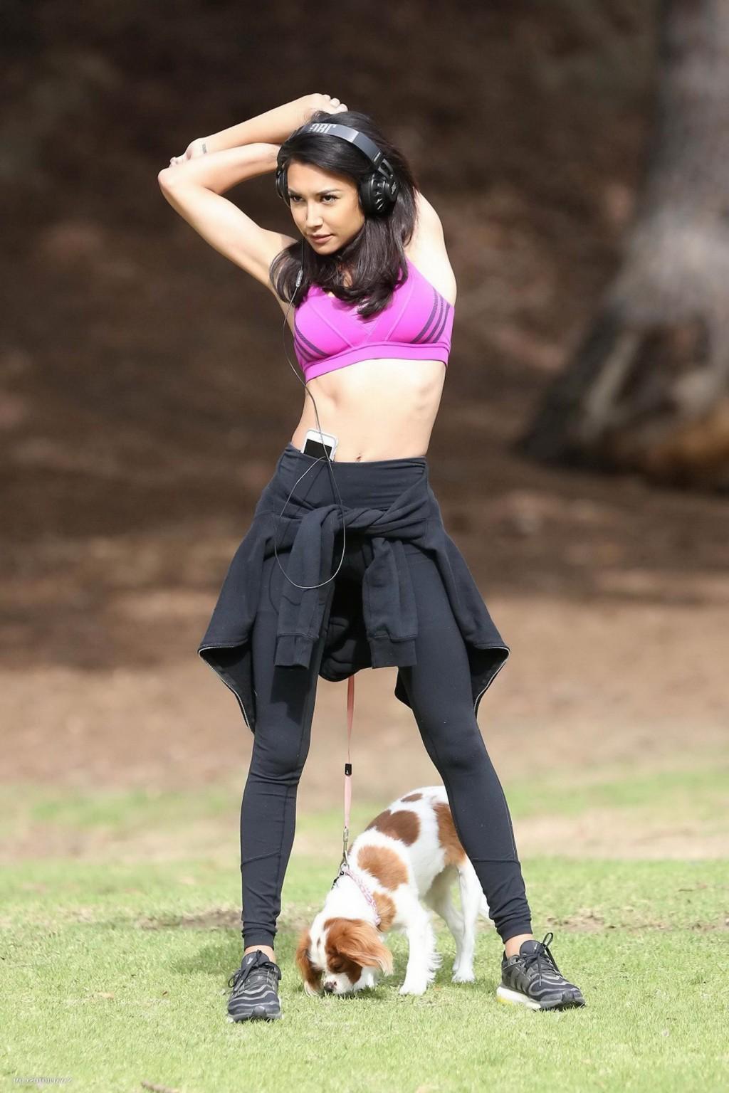 16P Naya Rivera wearing sports bra and tights while walking her dog at Griffith Park