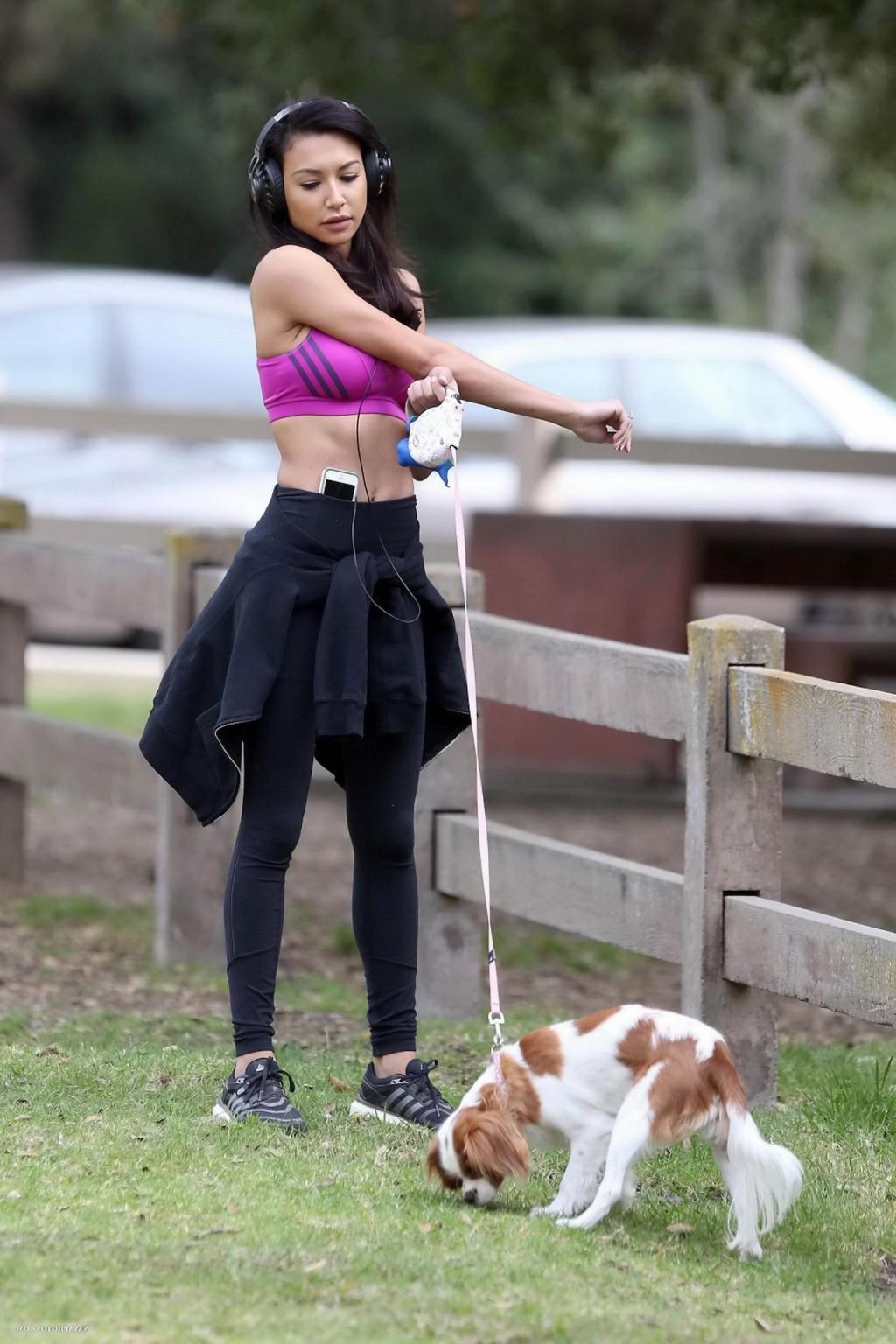 16P Naya Rivera wearing sports bra and tights while walking her dog at Griffith Park