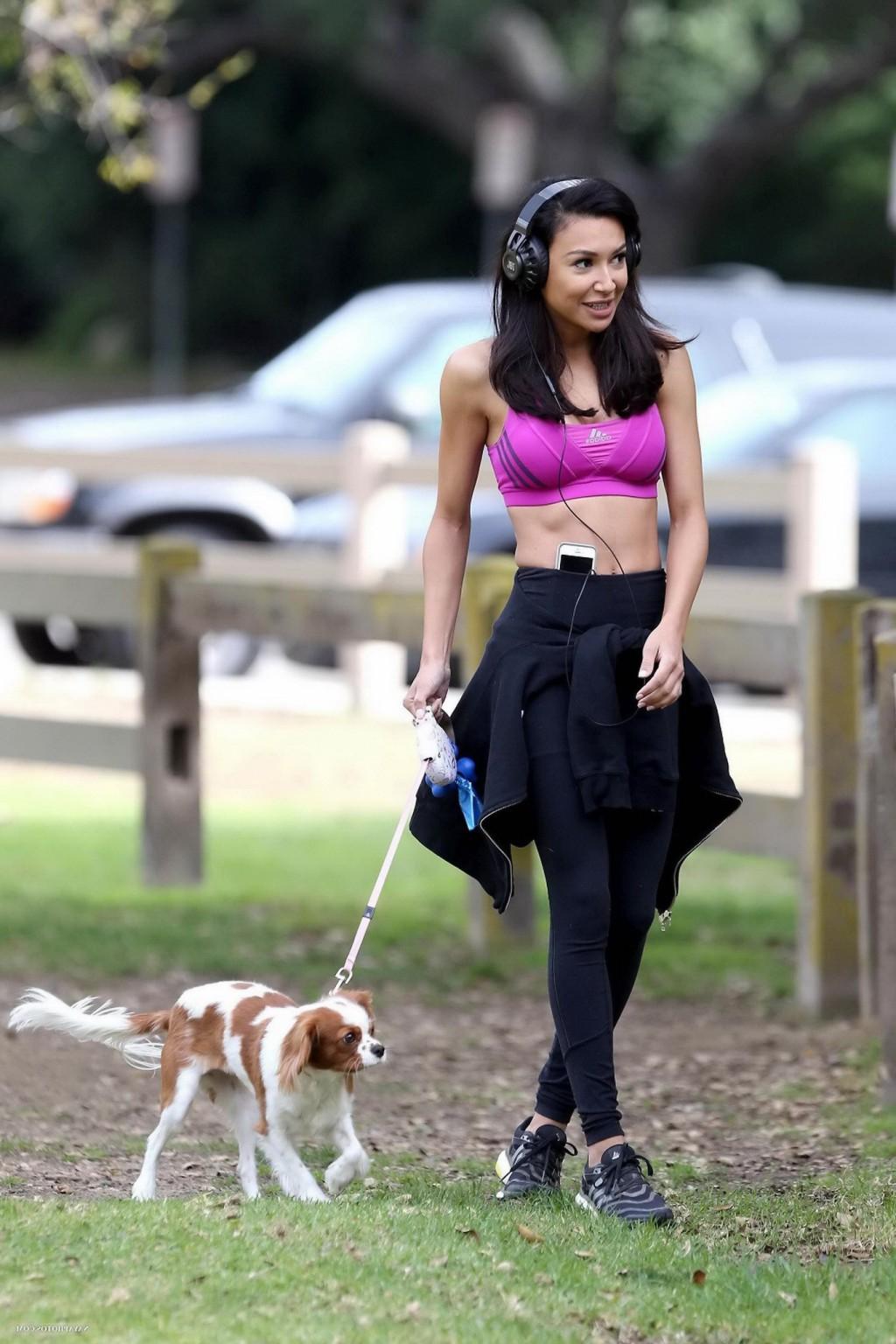 16P Naya Rivera wearing sports bra and tights while walking her dog at Griffith Park