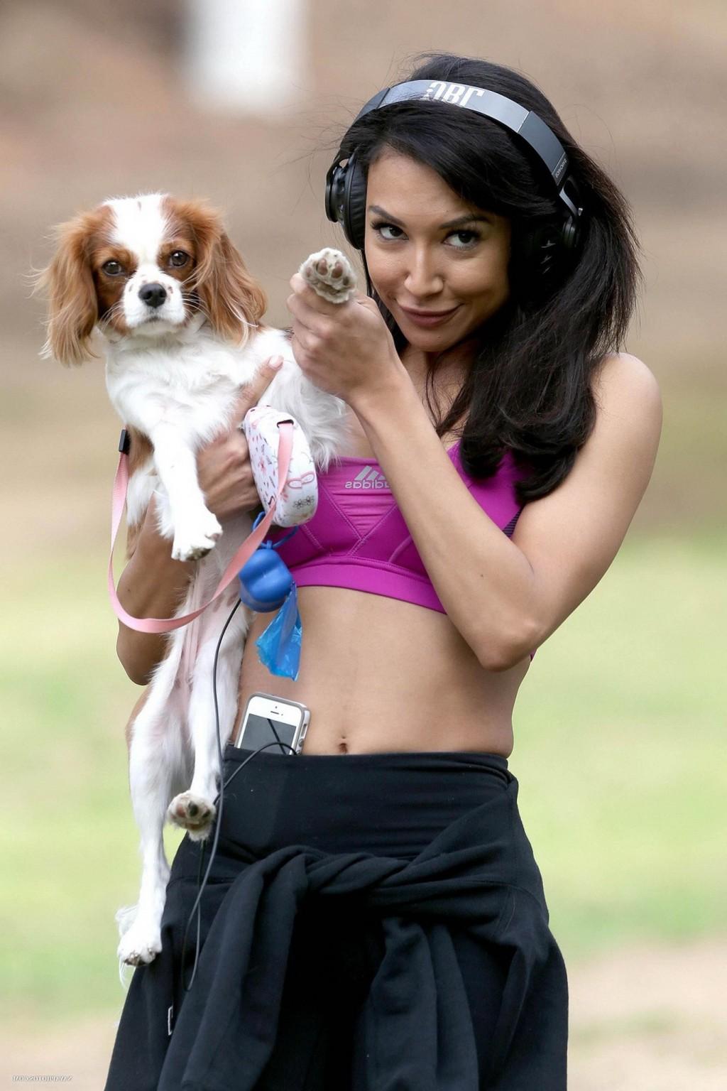16P Naya Rivera wearing sports bra and tights while walking her dog at Griffith Park