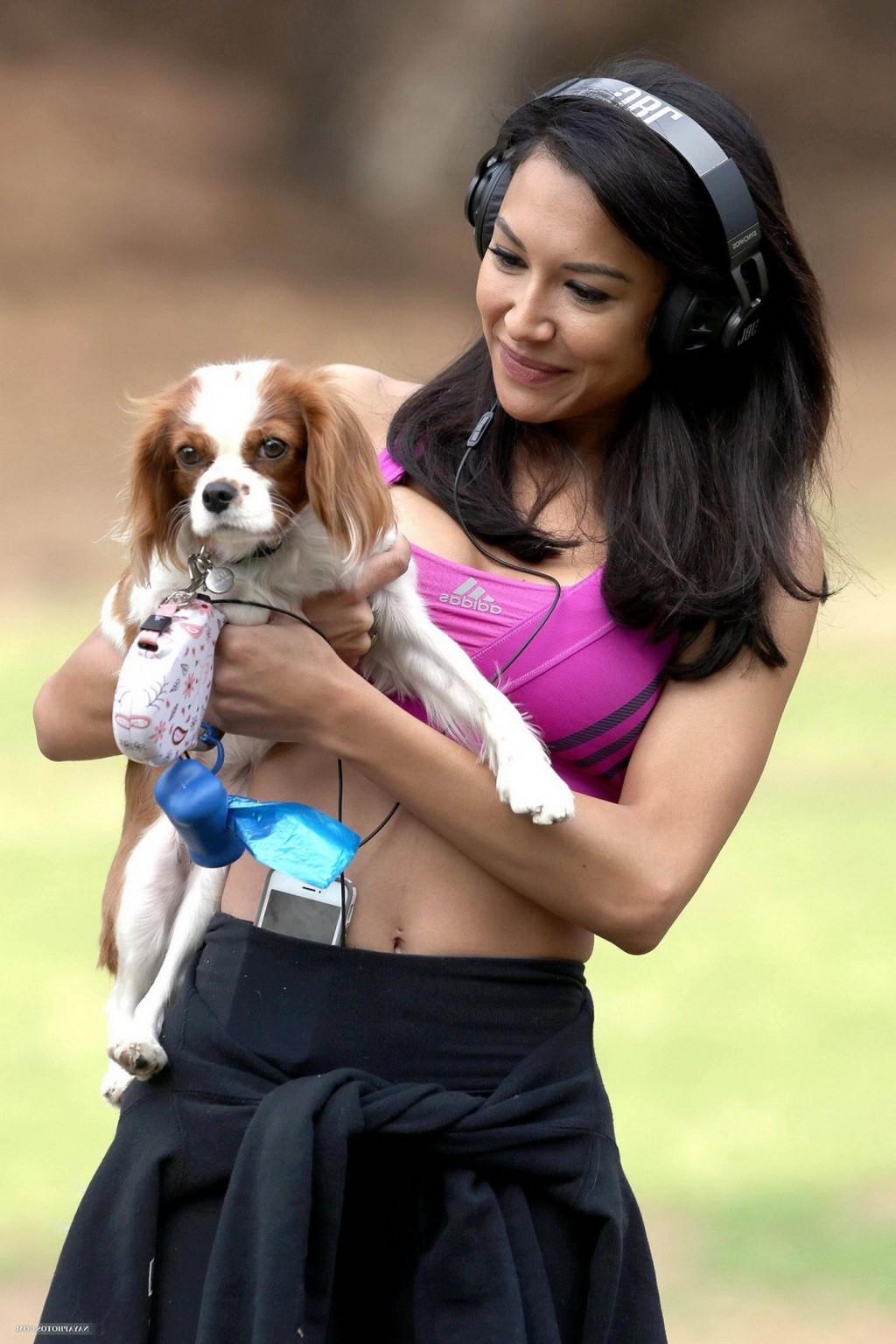 16P Naya Rivera wearing sports bra and tights while walking her dog at Griffith Park