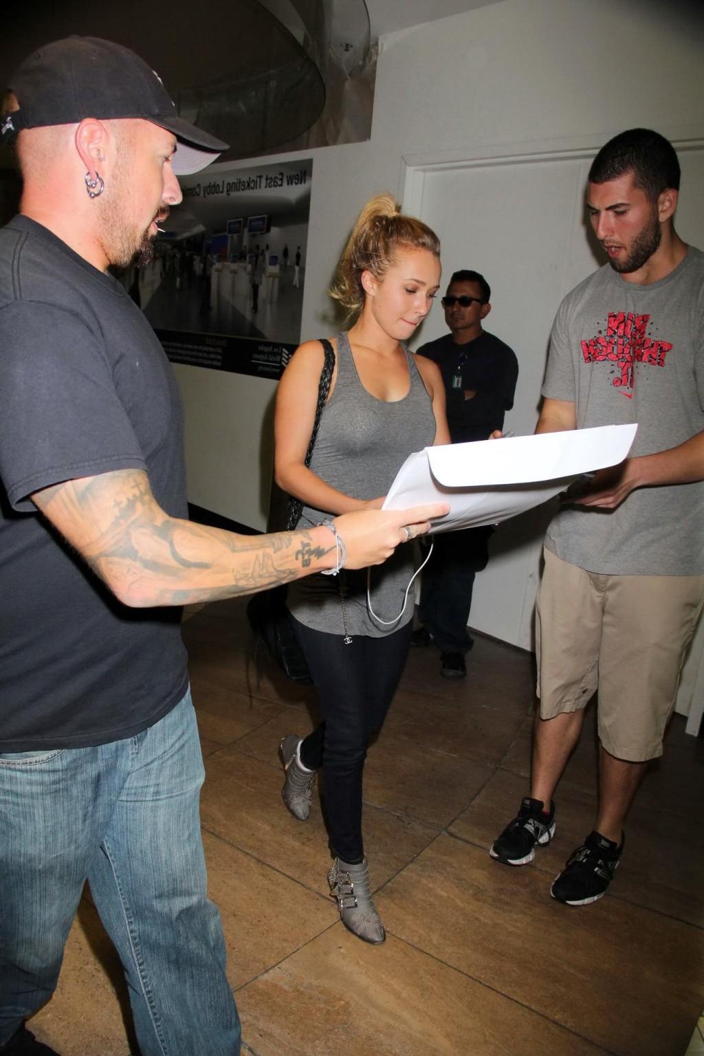 16P Hayden Panettiere see through to bra wearing a tight top at LAX Airport