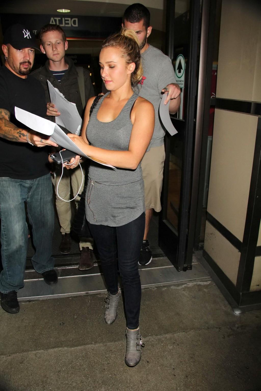 16P Hayden Panettiere see through to bra wearing a tight top at LAX Airport