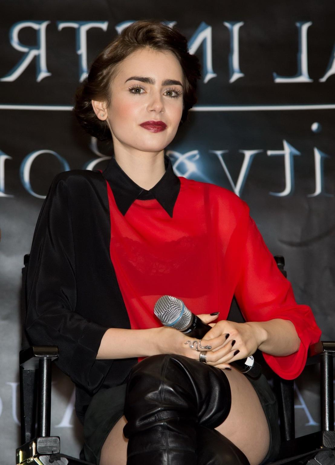 16P Lily Collins leggy and see-through to bra at The Mortal Instruments signing in P