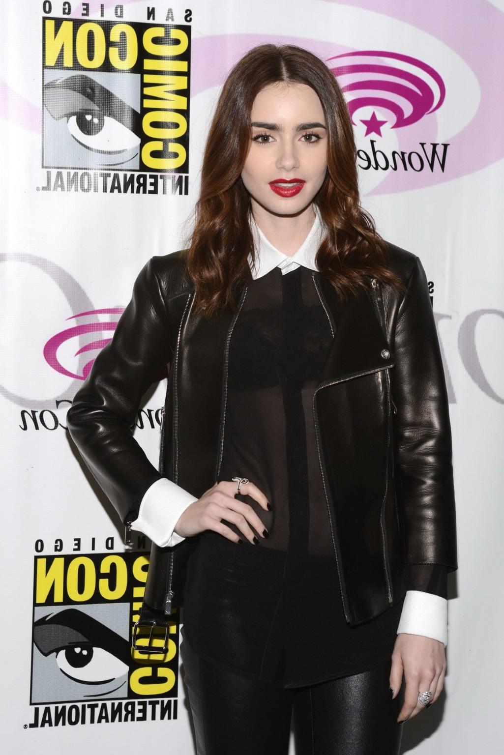 16P Lily Collins leggy and see-thru to bra at 2013 WonderCon in Anaheim and at Chane