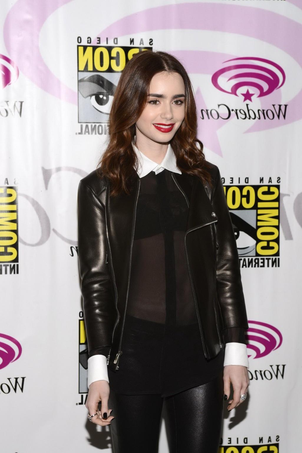 16P Lily Collins leggy and see-thru to bra at 2013 WonderCon in Anaheim and at Chane