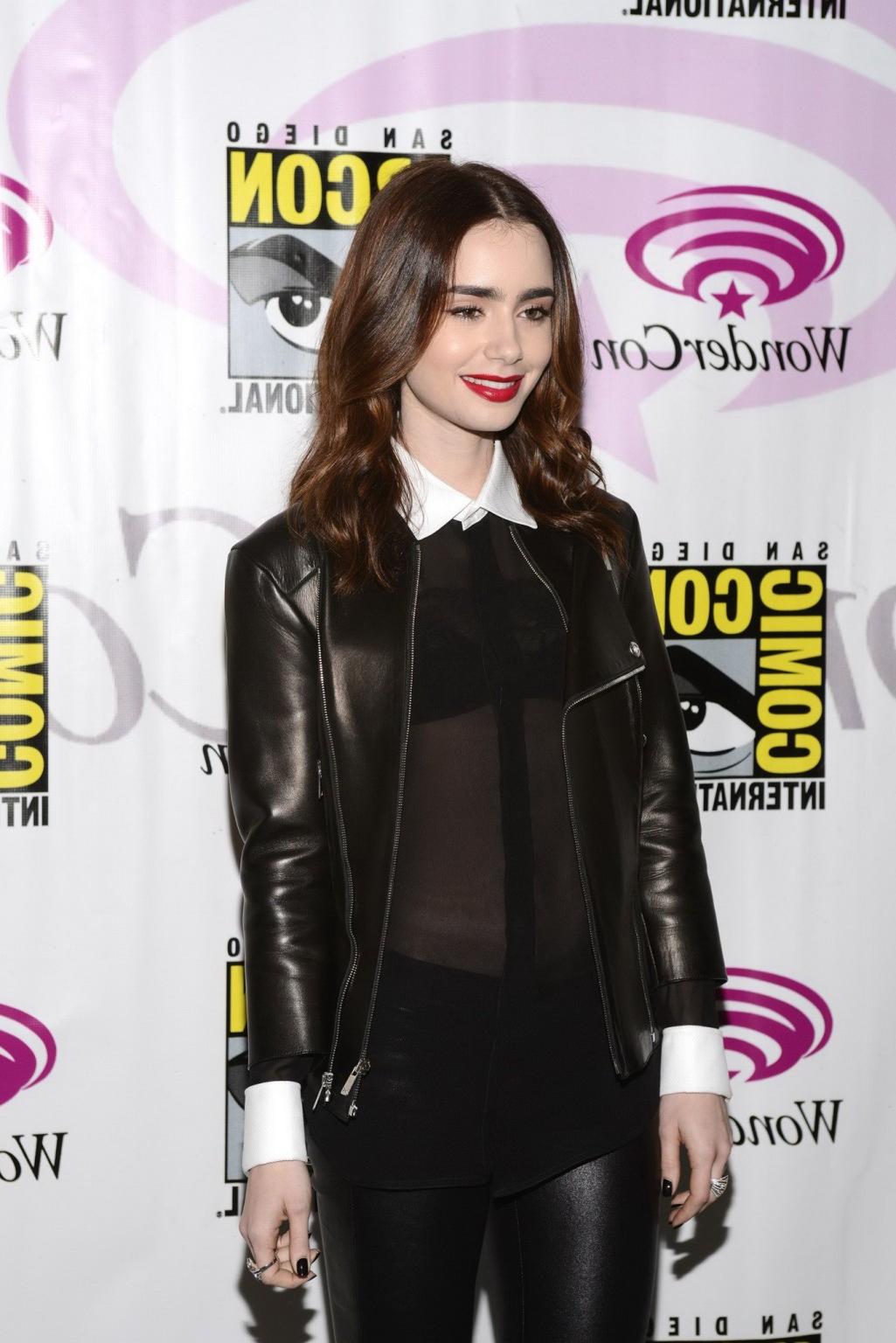 16P Lily Collins leggy and see-thru to bra at 2013 WonderCon in Anaheim and at Chane