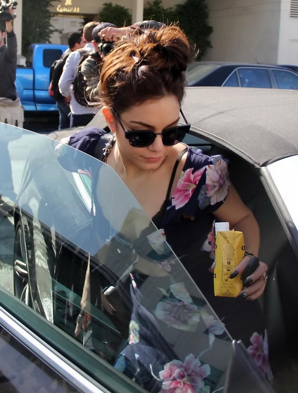 16P Vanessa Hudgens bra peak wearing a low cut summer dress out in Beverly Hills
