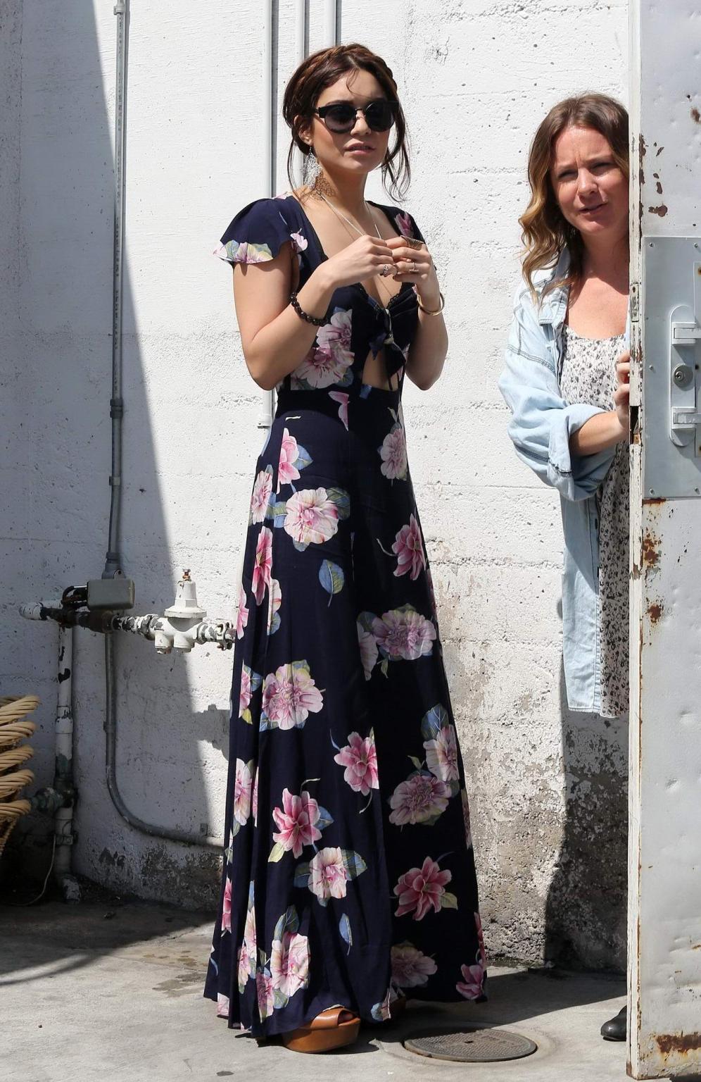 16P Vanessa Hudgens bra peak wearing a low cut summer dress out in Beverly Hills