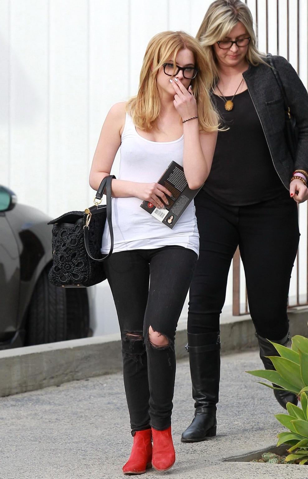 16P Ashley Benson see through to bra outside a salon in West Hollywood