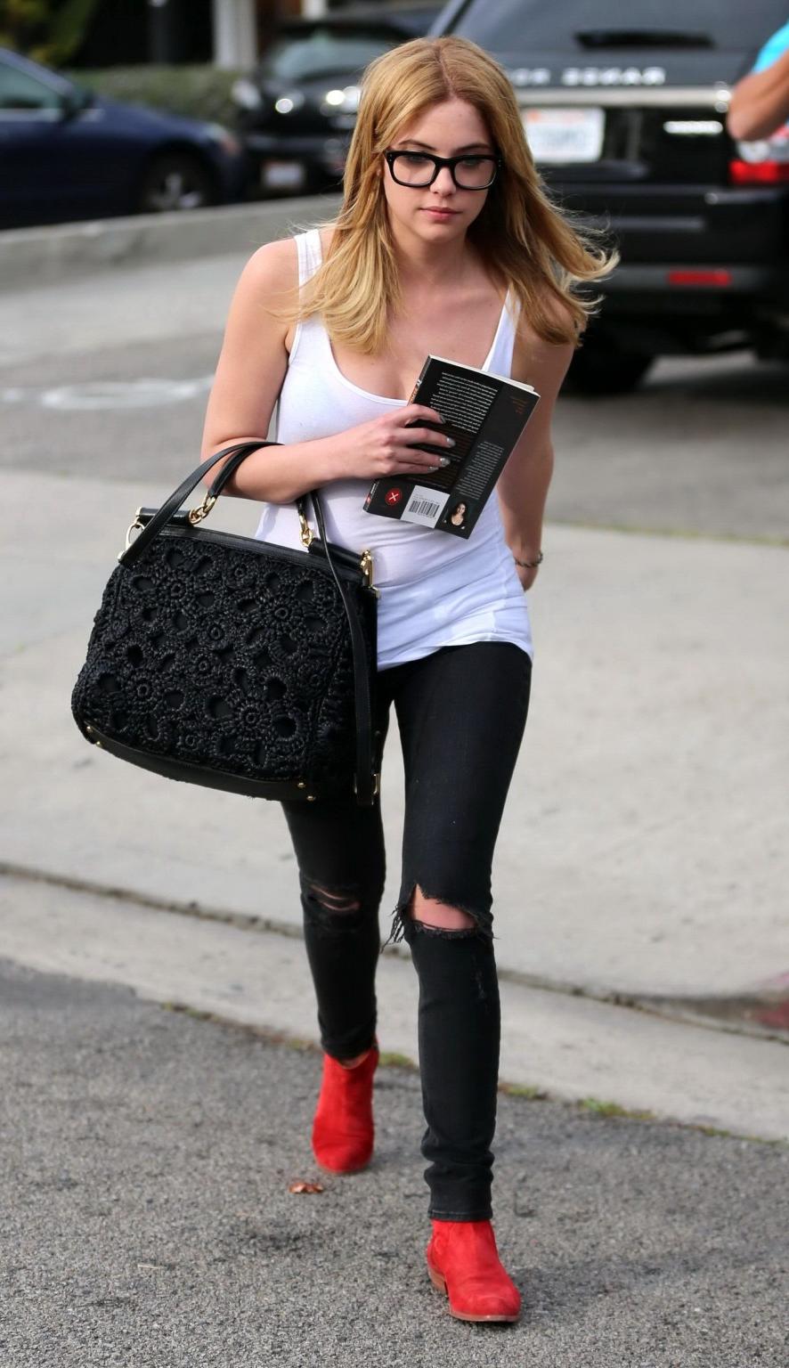 16P Ashley Benson see through to bra outside a salon in West Hollywood