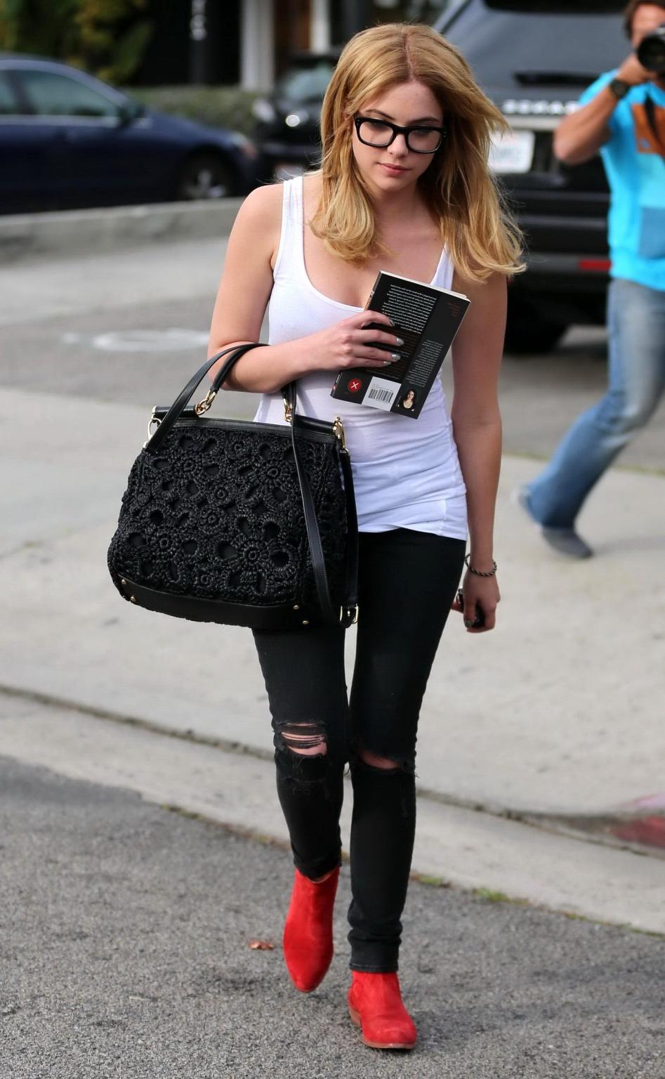 16P Ashley Benson see through to bra outside a salon in West Hollywood