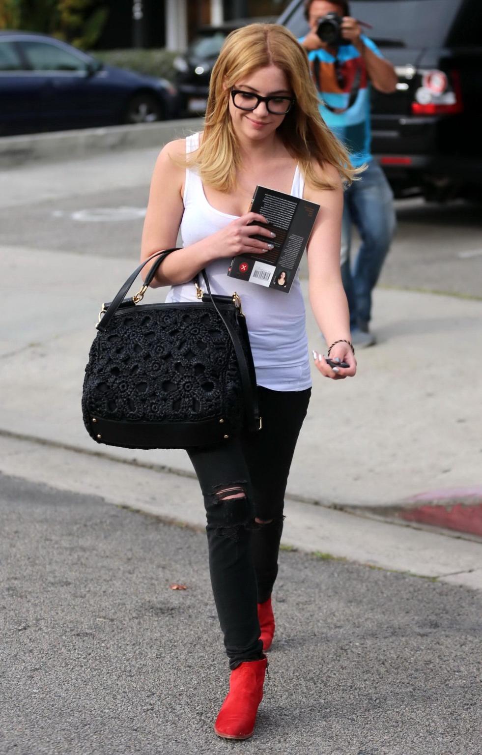 16P Ashley Benson see through to bra outside a salon in West Hollywood