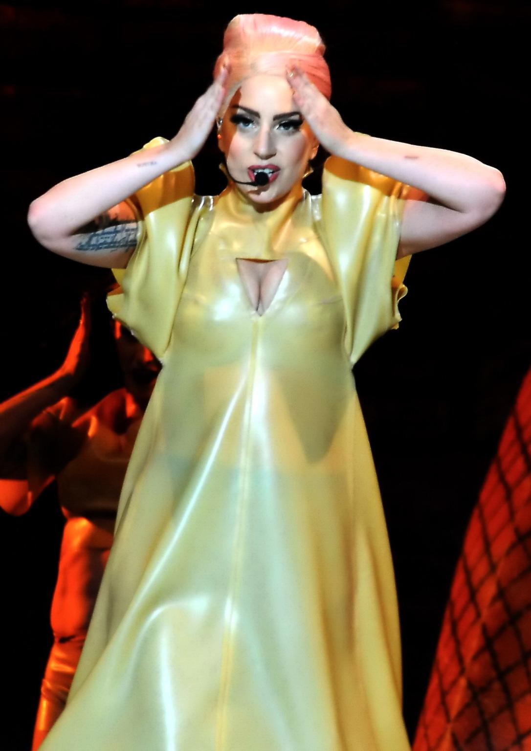 10P Lady Gaga performs wearing see through bra  pasties at the Staples Center in LA