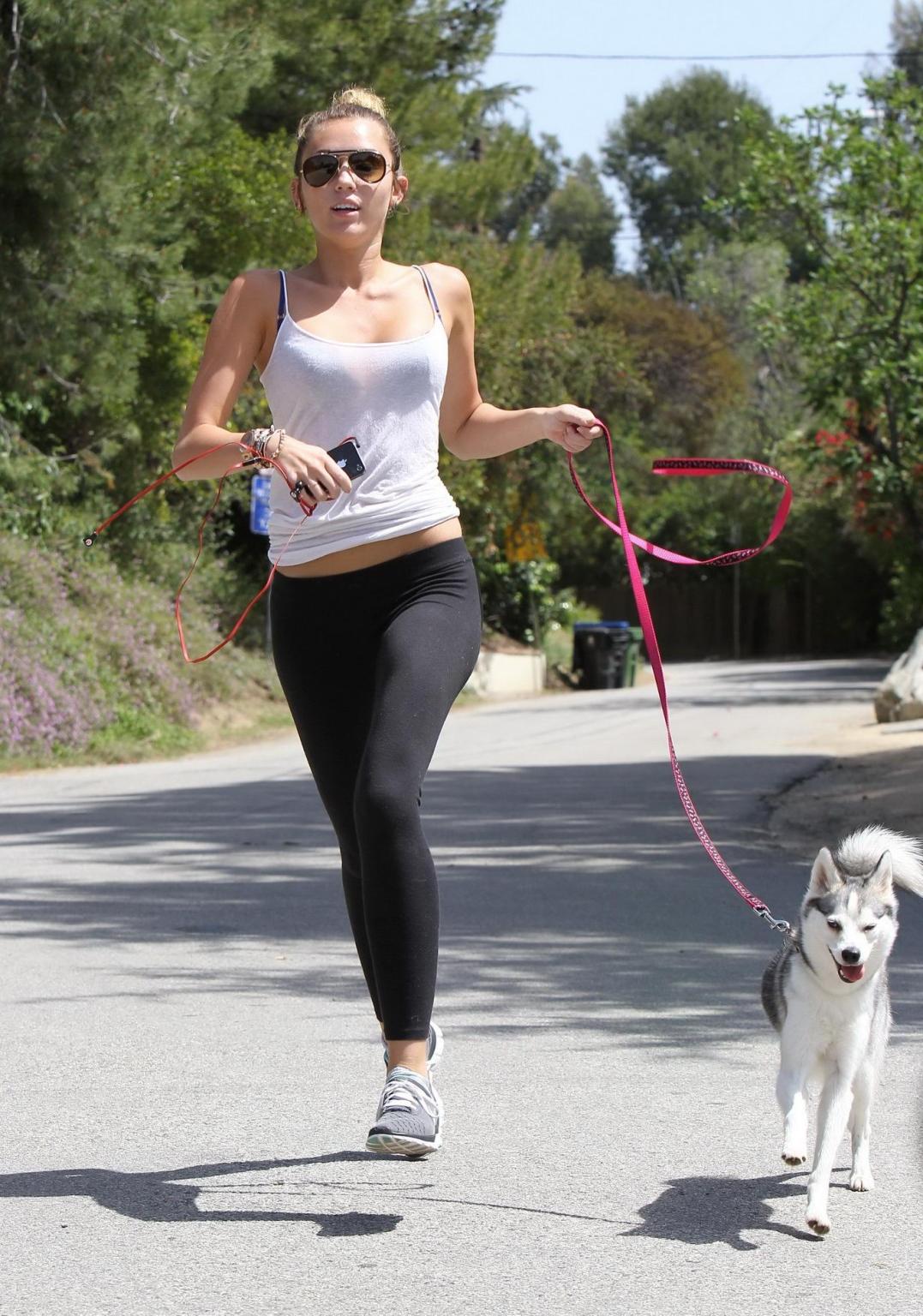 16P Miley Cyrus see through to bra while running out her dog in Toluca Lake
