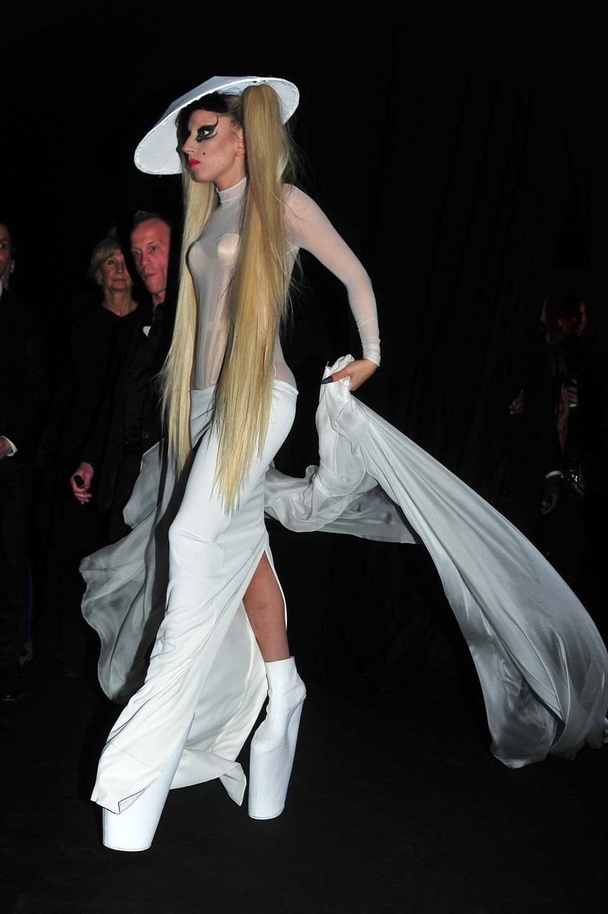 16P Lady Gaga in see thru to bra dress on some event paparazzi pictures