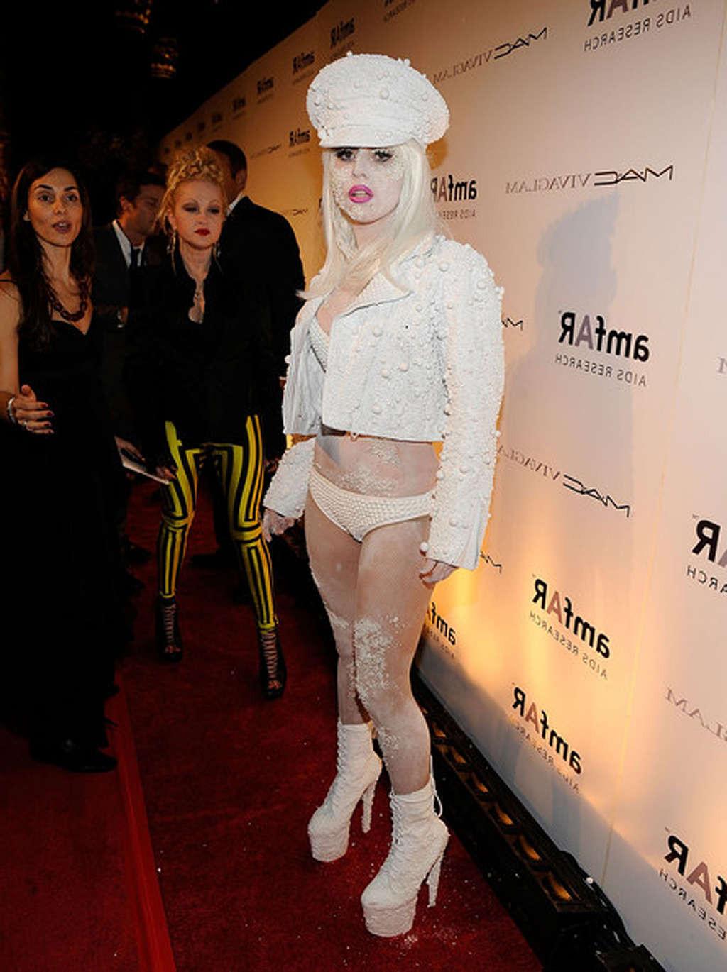 16P Lady Gaga in see thru dress without bra and in white hot pants