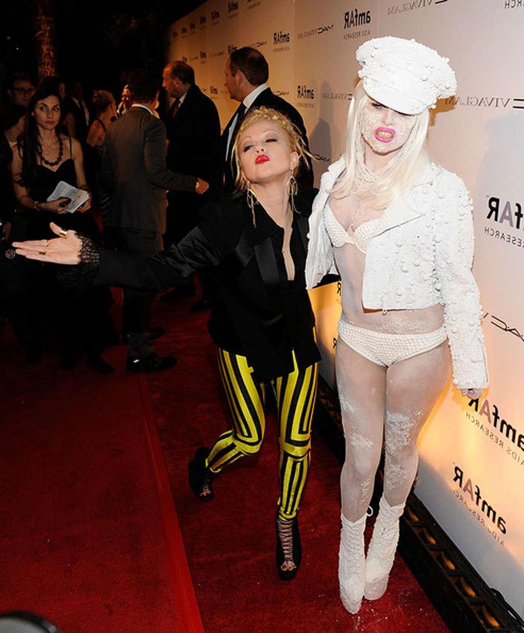 16P Lady Gaga in see thru dress without bra and in white hot pants