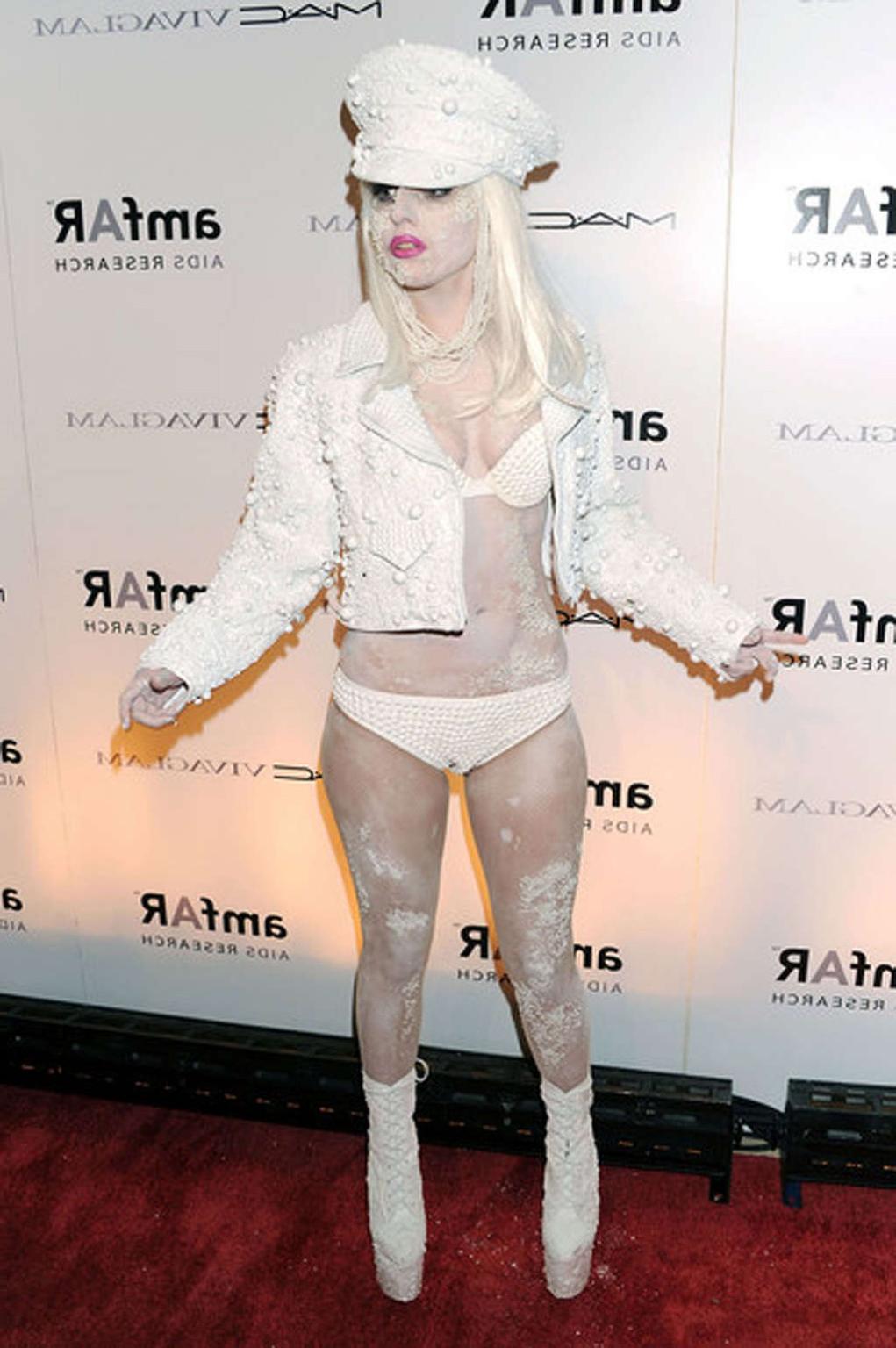 16P Lady Gaga in see thru dress without bra and in white hot pants