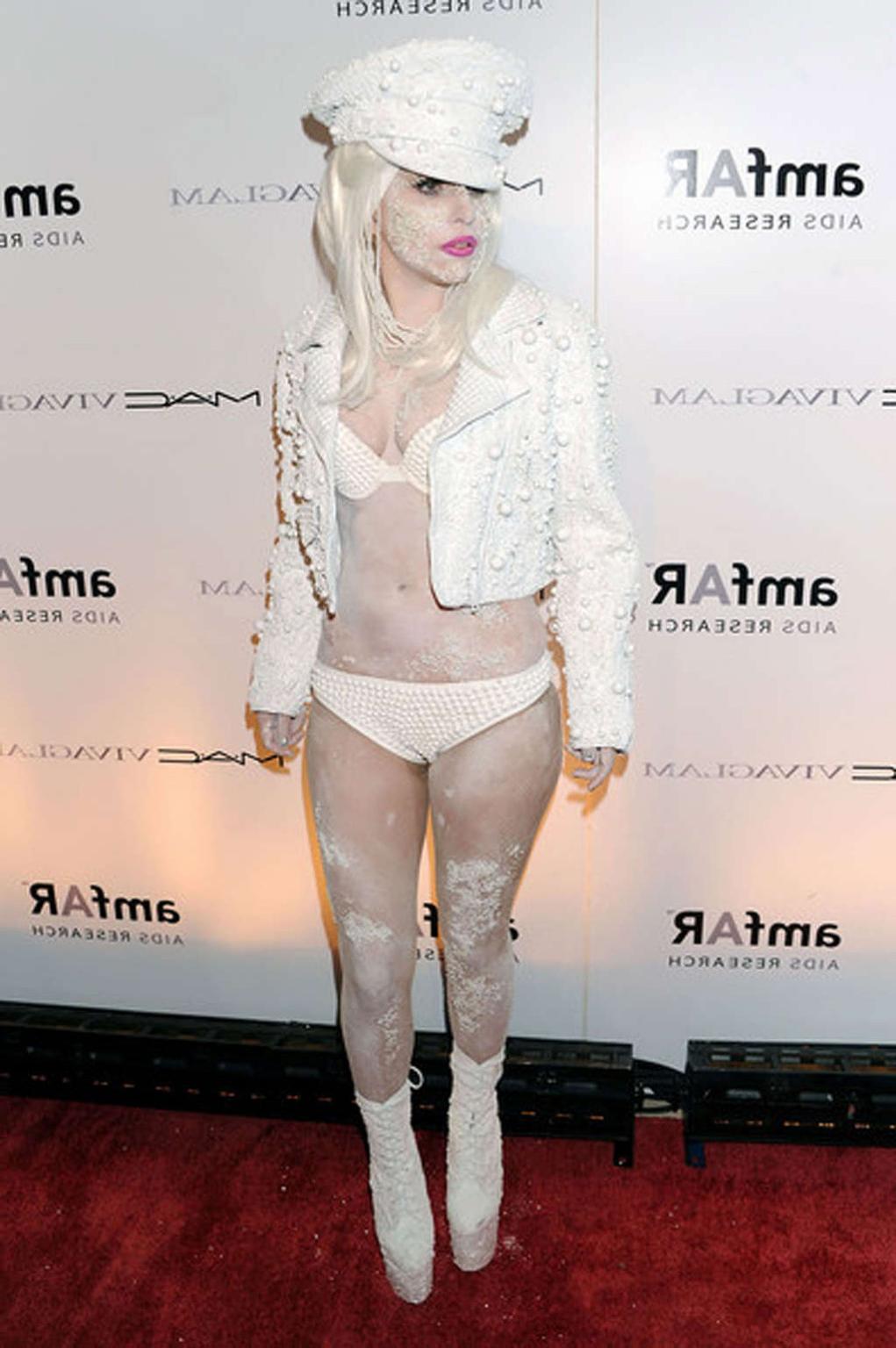 16P Lady Gaga in see thru dress without bra and in white hot pants