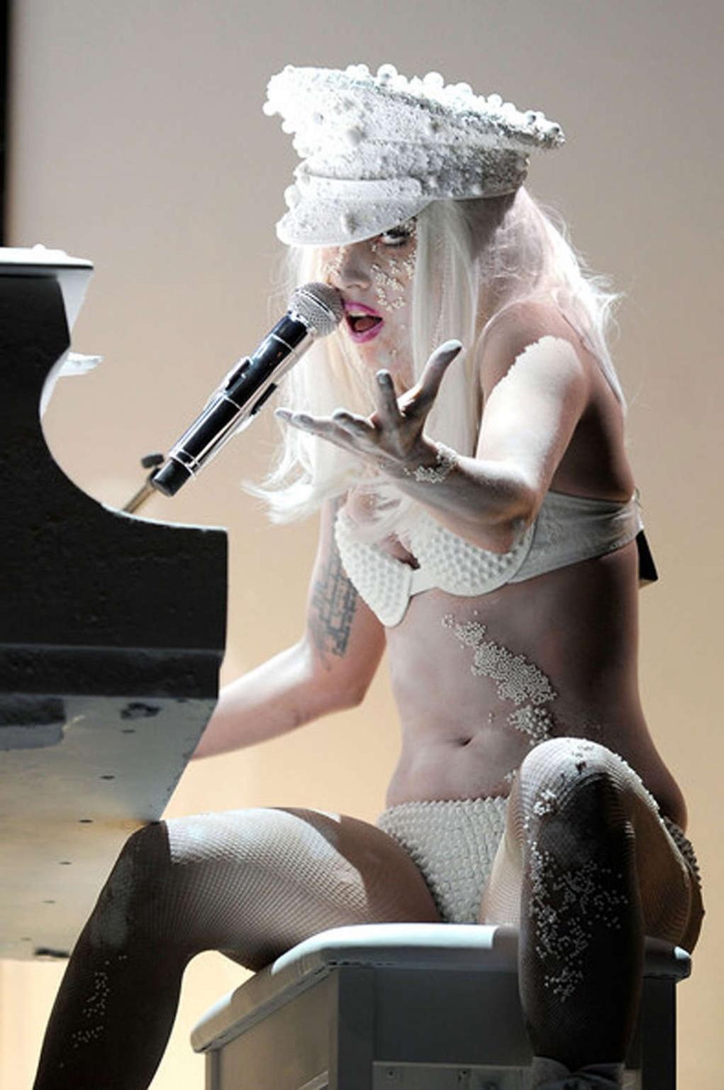 16P Lady Gaga in see thru dress without bra and in white hot pants