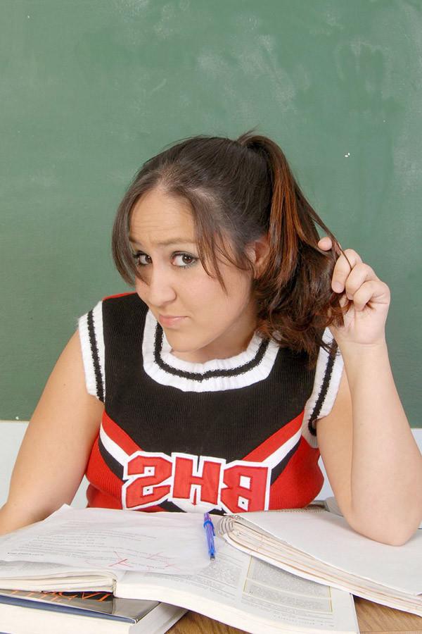 15P Chubby mexican cheerleader lifts her sirt in the class room
