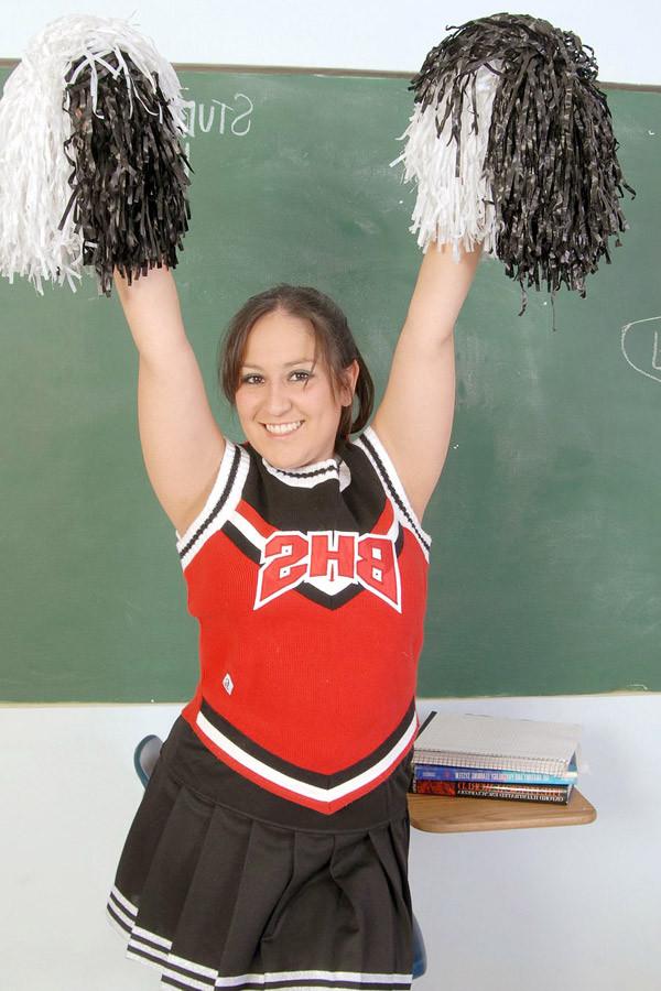 15P Chubby mexican cheerleader lifts her sirt in the class room