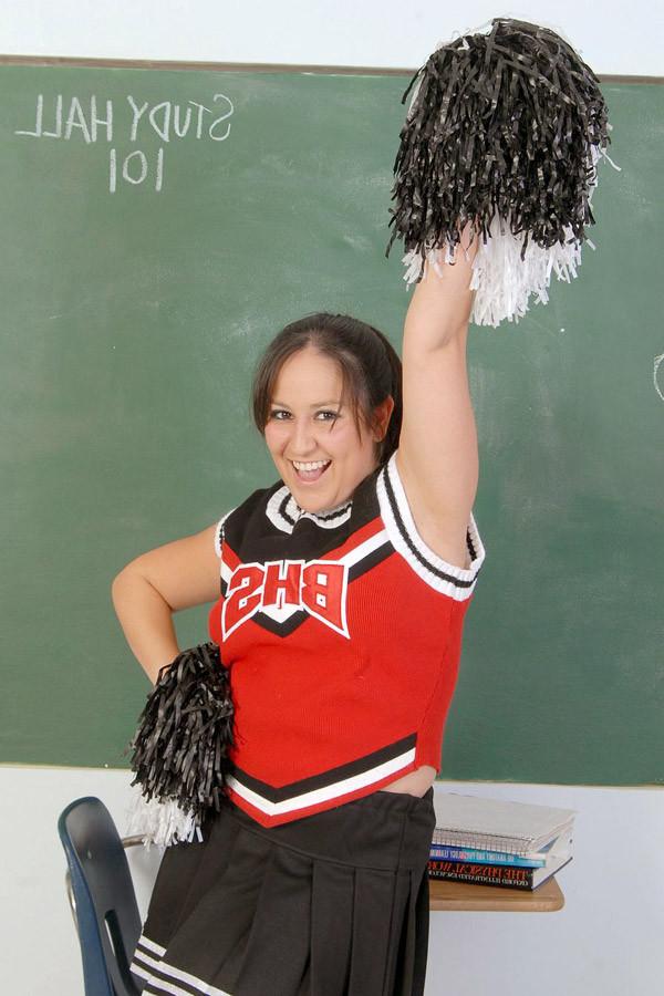 15P Chubby mexican cheerleader lifts her sirt in the class room
