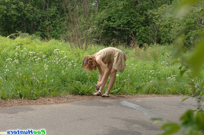 16P Tight teen strips down to her bra and takes a piss on a road
