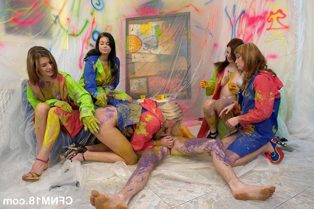 16P Horny teens all over a helpless painters cock