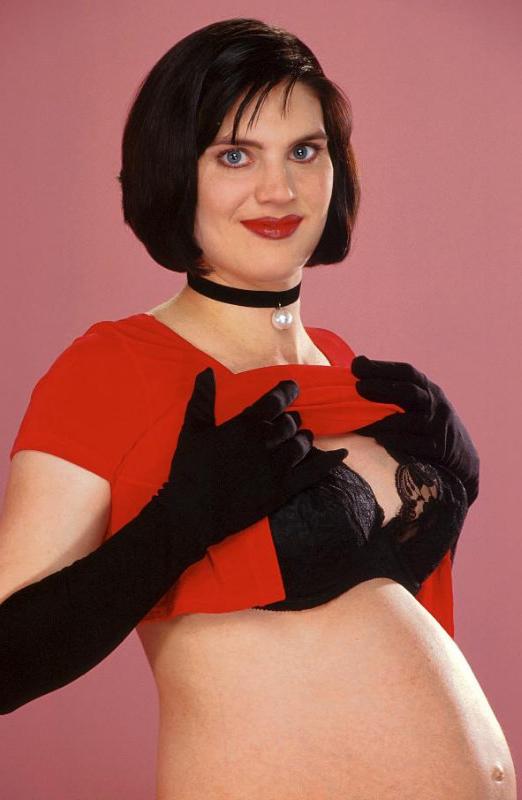 20P Brunet pregnant cutie in stockings