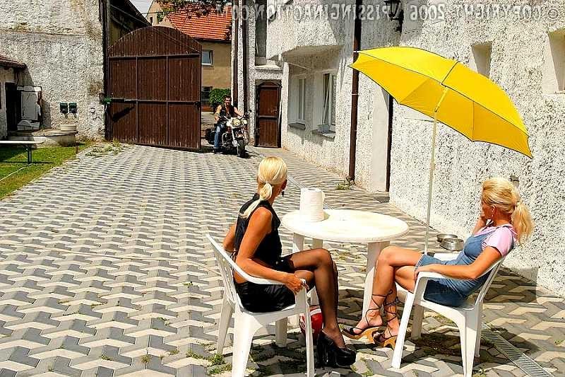 20P Biker washes two beautifull blondes down in piss outdoor