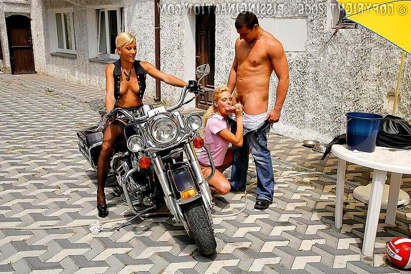 20P Biker washes two beautifull blondes down in piss outdoor