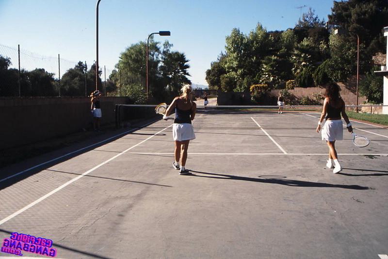 16P Two sexy coeds playing tennis and licking shaved pussies