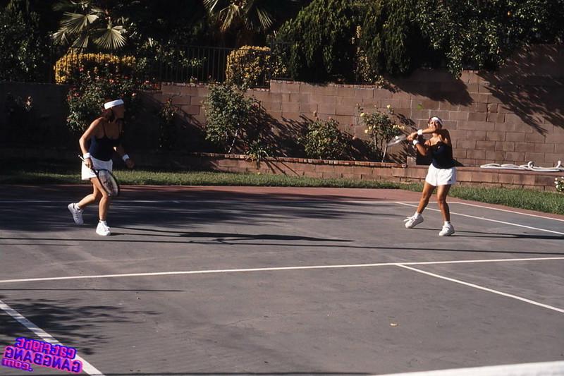 16P Two sexy coeds playing tennis and licking shaved pussies