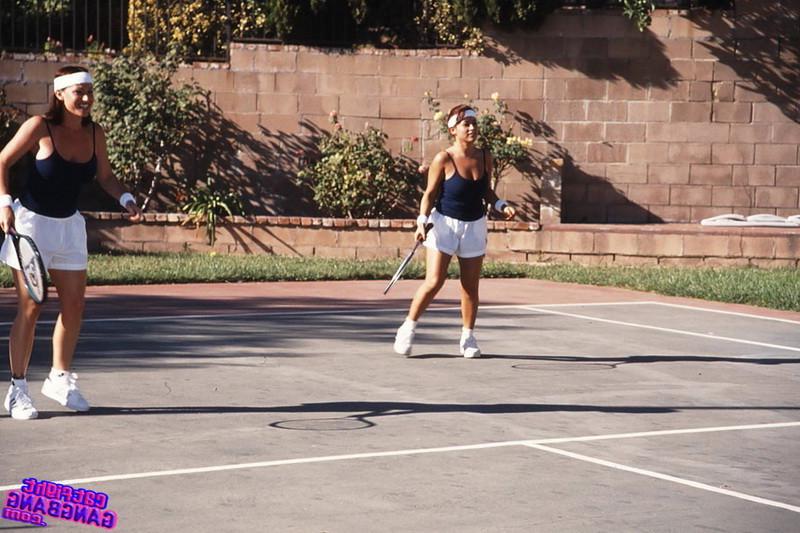 16P Two sexy coeds playing tennis and licking shaved pussies
