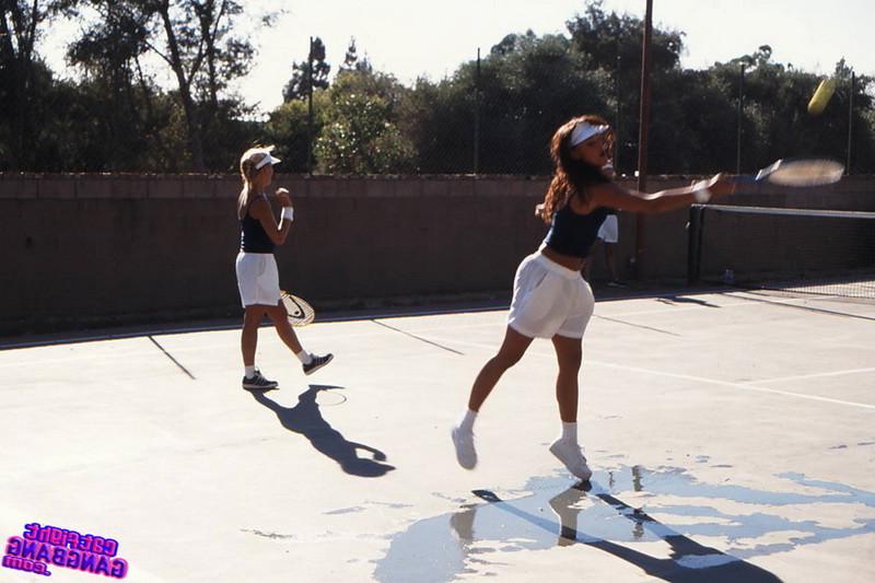16P Two sexy coeds playing tennis and licking shaved pussies