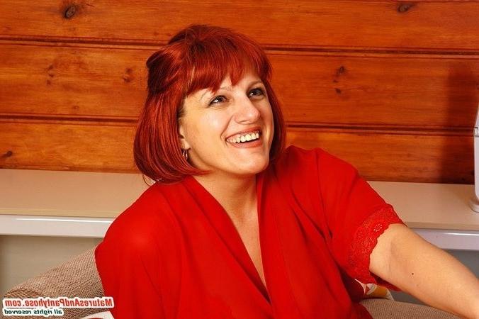 20P Redhead milf in pantyhose seducing neighbor into pantyhose sex