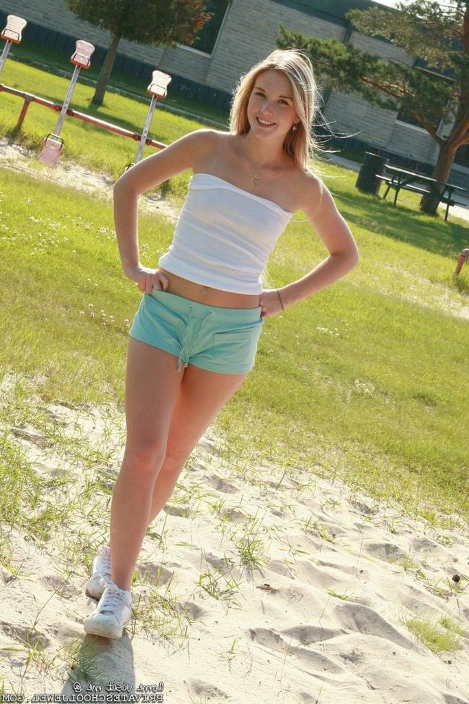 15P Cute eighteen year old Private School Jewel strips on playground