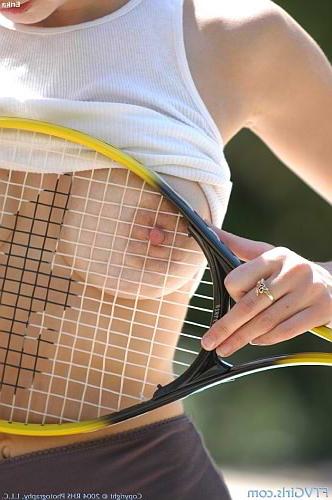 22P Brunette inserting tennis rack