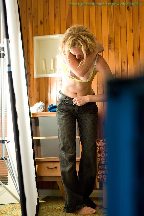16P Slim perky tit blonde caught dressing in panties and bra